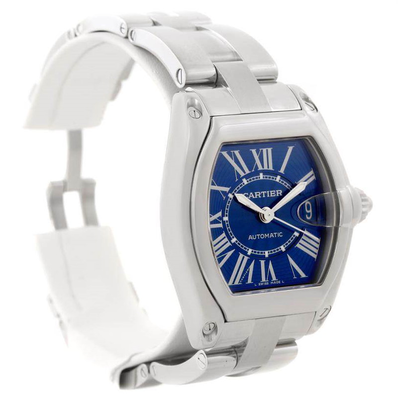 Cartier Roadster Mens Steel Large Blue Dial Watch W62048V3 SwissWatchExpo