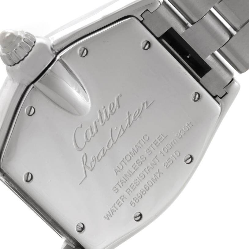 The image shows the back case and bracelet of a Cartier Roadster W62048V3 Men's Stainless Steel Blue Dial W62048V3 Men's Stainless Steel Blue Dial watch, highlighting its stainless steel construction and engravings.