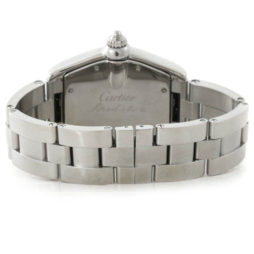 The image shows the back view of the Cartier Roadster W62048V3 Men's Stainless Steel Blue Dial W62048V3 Men's Stainless Steel Blue Dial watch, including its case back, crown, and bracelet.