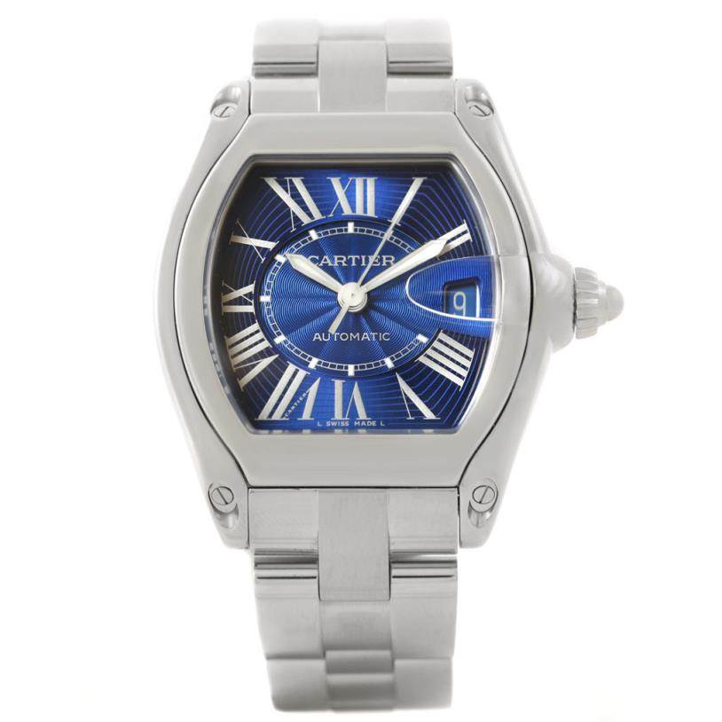This image shows a front view of the Cartier Roadster W62048V3 Men's Stainless Steel Blue Dial W62048V3 Men's Stainless Steel Blue Dial watch, highlighting its blue dial, stainless steel case, and bracelet.