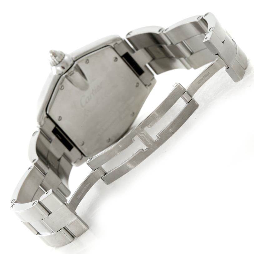 The image shows the rear side and partially open bracelet of the Cartier Roadster W62048V3 Men's Stainless Steel Blue Dial W62048V3 Men's Stainless Steel Blue Dial watch.