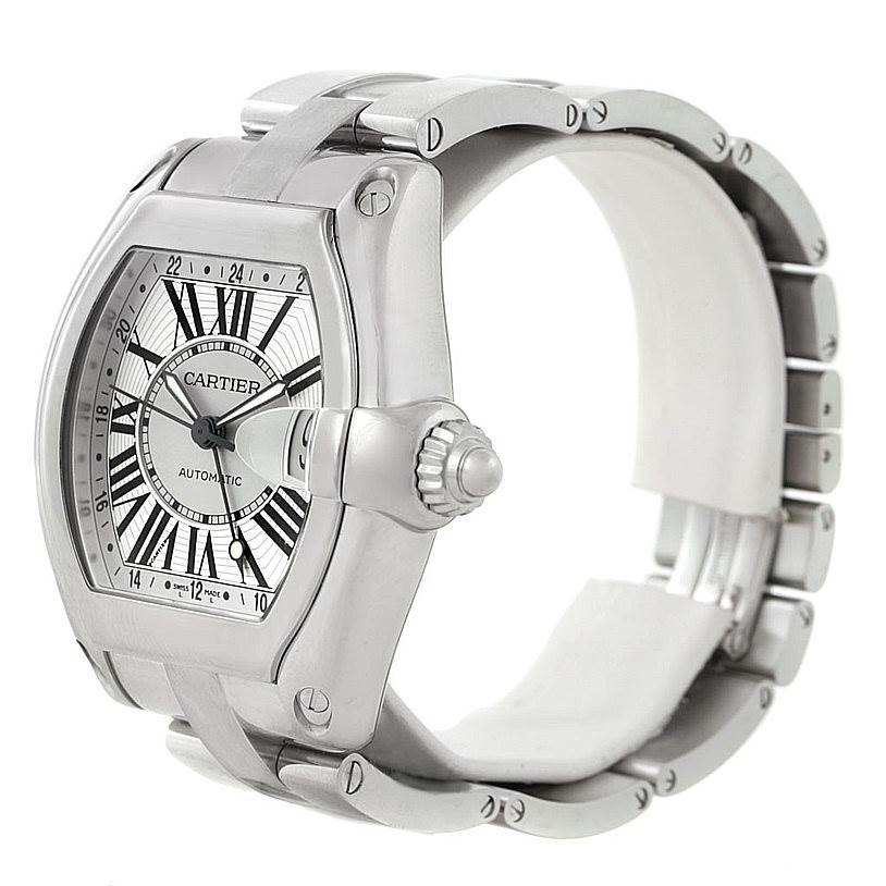 The image shows a Cartier Roadster W62032X6 Men
s Stainless Steel Silver Dial W62032X6 Men
s Stainless Steel Silver Dial watch angled to display its dial, crown, and part of the metal bracelet.