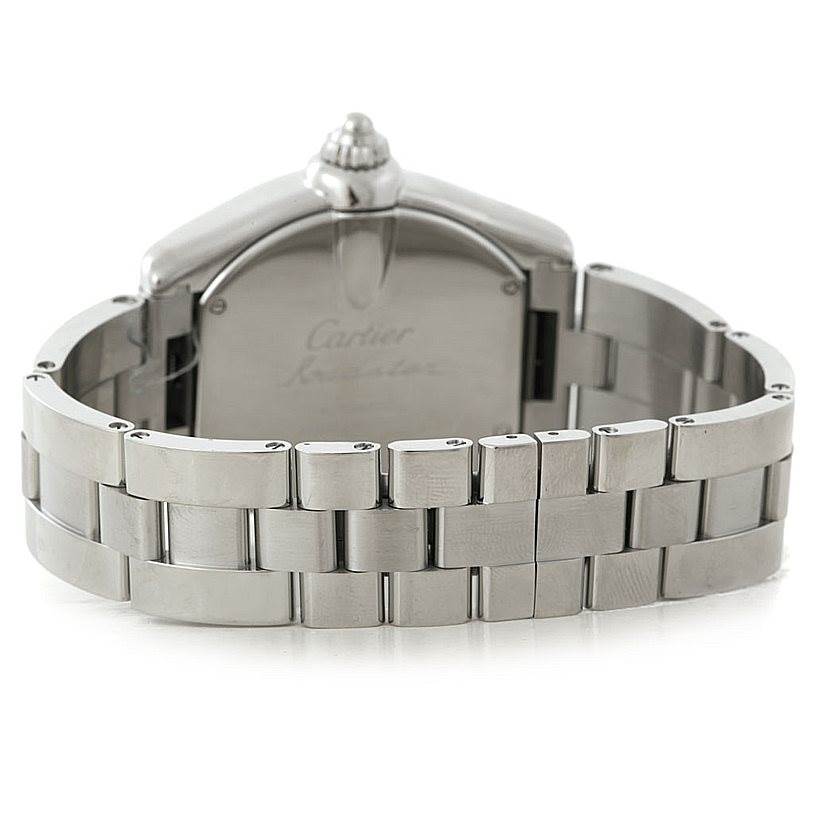 This image shows the back and stainless steel bracelet of the Cartier Roadster W62032X6 Men
s Stainless Steel Silver Dial W62032X6 Men
s Stainless Steel Silver Dial watch, highlighting the deployment clasp and crown.