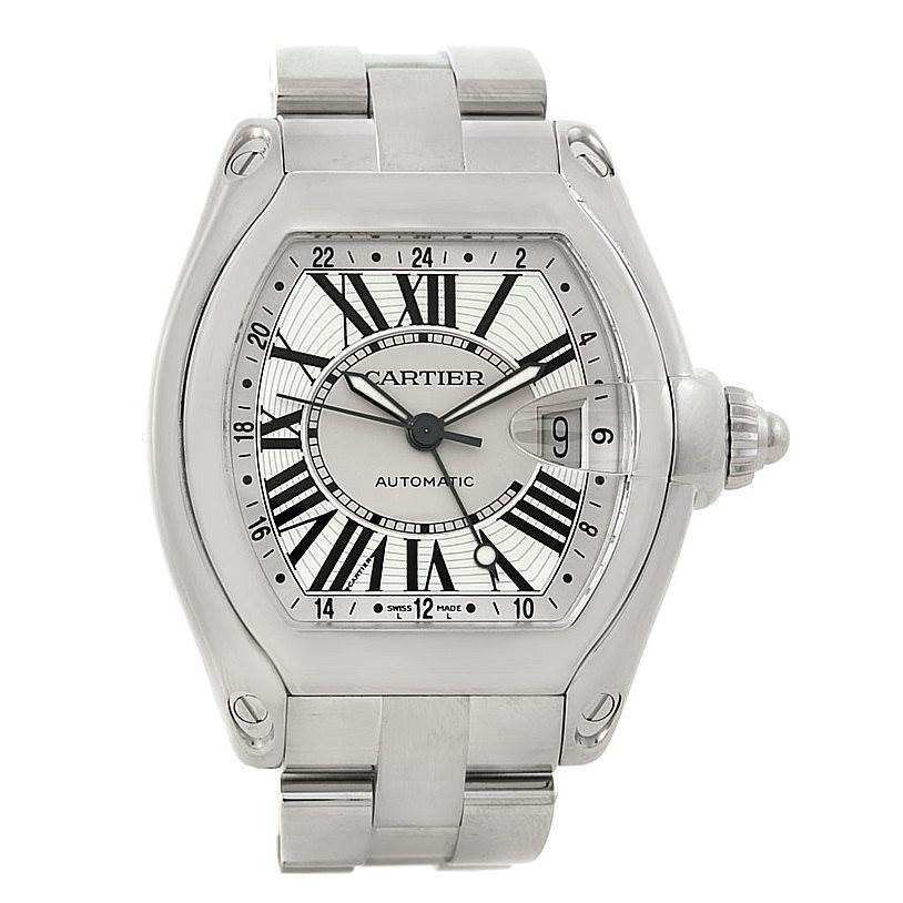 The image shows a Cartier Roadster W62032X6 Men
s Stainless Steel Silver Dial W62032X6 Men
s Stainless Steel Silver Dial model watch, viewed from the front, displaying the dial, hands, crown, and part of the bracelet.