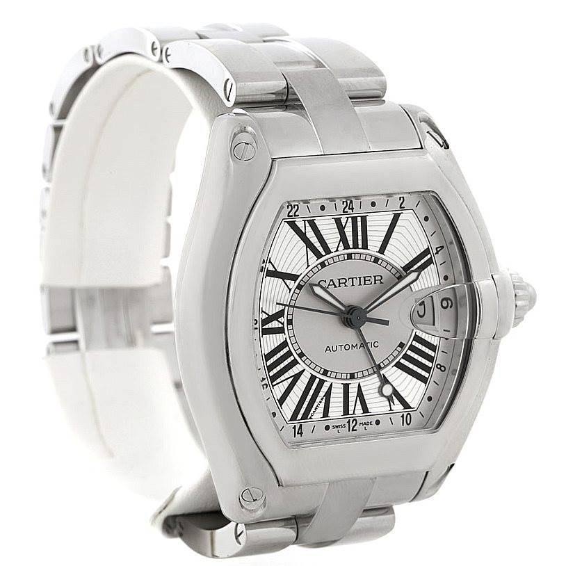 The Cartier Roadster W62032X6 Men
s Stainless Steel Silver Dial W62032X6 Men
s Stainless Steel Silver Dial watch is shown from a top-side angle, displaying its face, bezel, crown, and part of the metal bracelet.