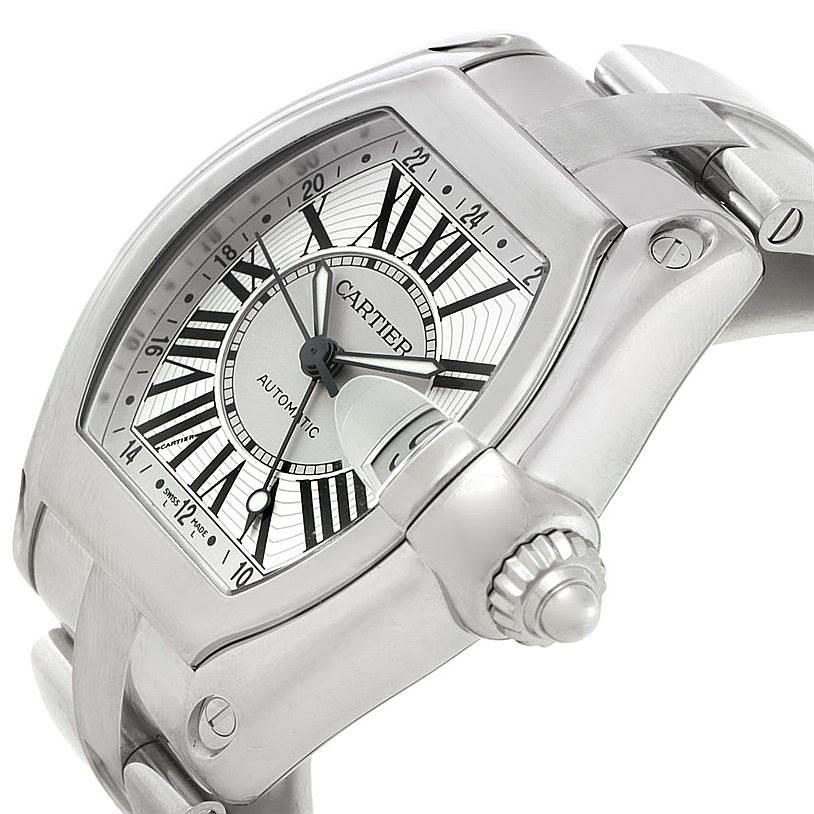 The Cartier Roadster W62032X6 Men
s Stainless Steel Silver Dial W62032X6 Men
s Stainless Steel Silver Dial watch is shown from an angle highlighting its face, crown, and part of the band.