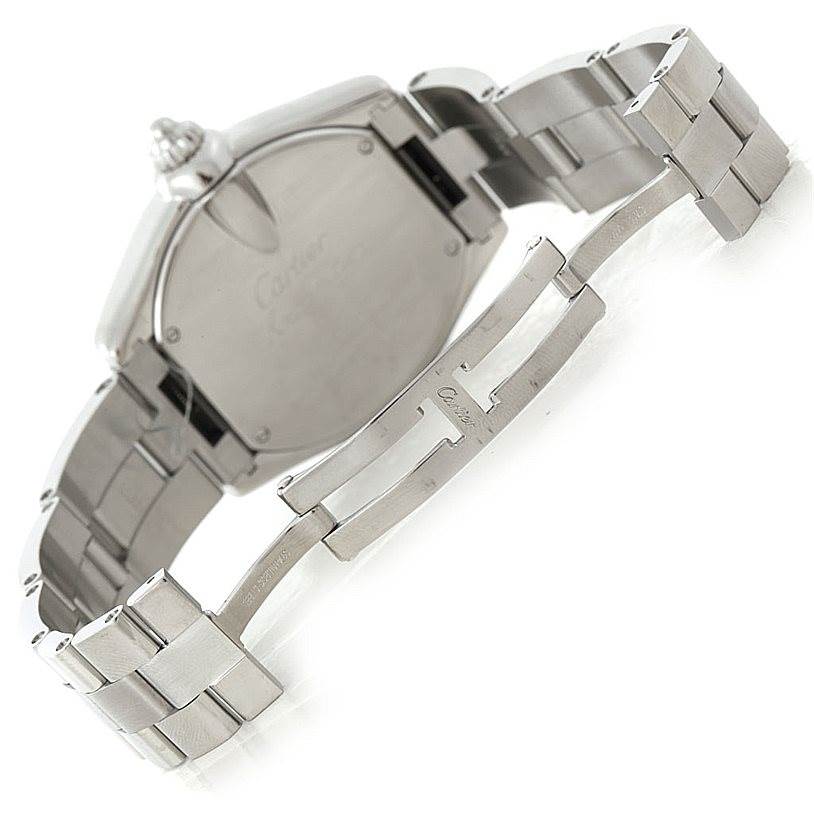 This image shows the back case, crown, and partially open bracelet clasp of the Cartier Roadster W62032X6 Men
s Stainless Steel Silver Dial W62032X6 Men
s Stainless Steel Silver Dial watch.