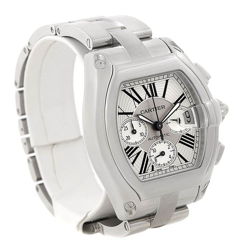 The Cartier Roadster W62019X6 Men's Stainless Steel Silver Dial W62019X6 Men's Stainless Steel Silver Dial watch is shown at a three-quarter angle, displaying its dial, crown, and bracelet.