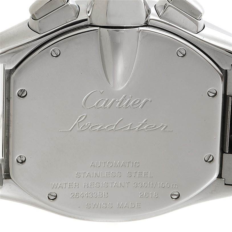 The image shows the back case of a Cartier Roadster W62019X6 Men's Stainless Steel Silver Dial W62019X6 Men's Stainless Steel Silver Dial watch, showcasing its engravings and clasp attachment points.