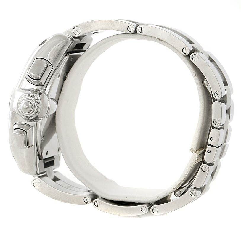 The image shows a side view of a Cartier Roadster W62019X6 Men's Stainless Steel Silver Dial W62019X6 Men's Stainless Steel Silver Dial watch, highlighting the crown, pushers, and metal bracelet.