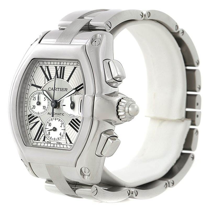 This image shows a side view of the Cartier Roadster W62019X6 Men's Stainless Steel Silver Dial W62019X6 Men's Stainless Steel Silver Dial watch, highlighting the dial, crown, and part of the bracelet.