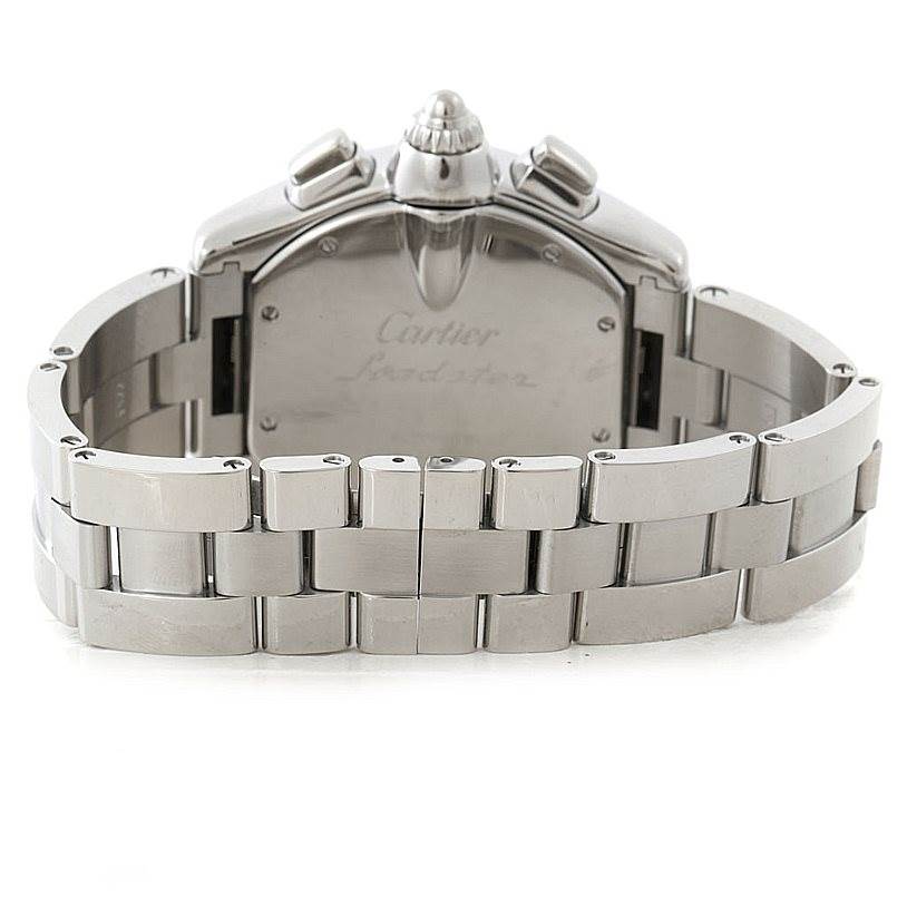 This is a rear view of the Cartier Roadster W62019X6 Men's Stainless Steel Silver Dial W62019X6 Men's Stainless Steel Silver Dial watch, showing the back case and metal bracelet.