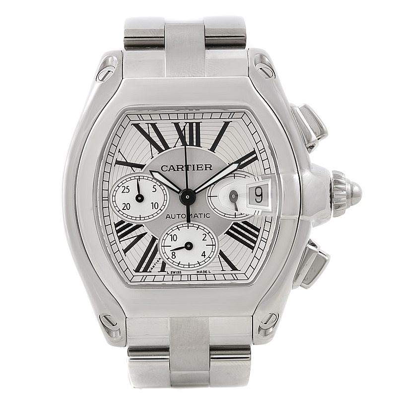 This image shows a frontal view of a Cartier Roadster W62019X6 Men's Stainless Steel Silver Dial W62019X6 Men's Stainless Steel Silver Dial watch, displaying its dial, date window, and chronograph subdials.