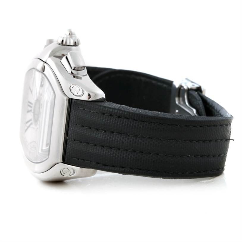 The image shows a side view of the Cartier Roadster W62019X6 Men's Stainless Steel Silver Dial W62019X6 Men's Stainless Steel Silver Dial watch, highlighting its case, crown, and watch strap.