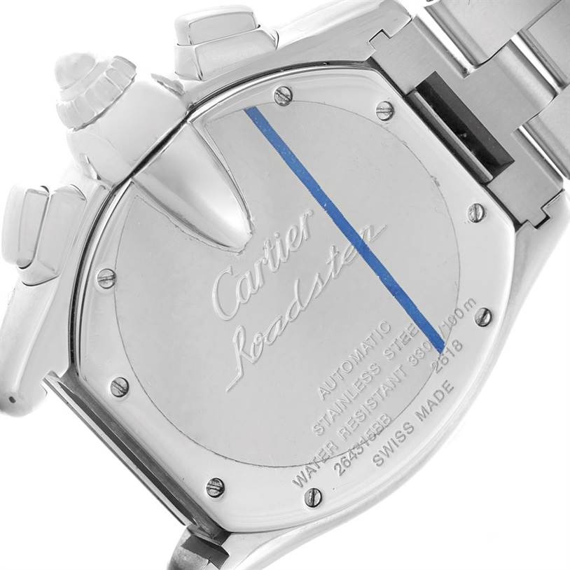 The image shows the case back and part of the bracelet of a Cartier Roadster W62019X6 Men's Stainless Steel Silver Dial W62019X6 Men's Stainless Steel Silver Dial watch.