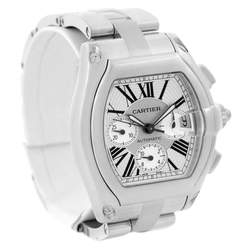 The Cartier Roadster W62019X6 Men's Stainless Steel Silver Dial W62019X6 Men's Stainless Steel Silver Dial watch is shown at a three-quarter angle, highlighting its face, bezel, and bracelet.