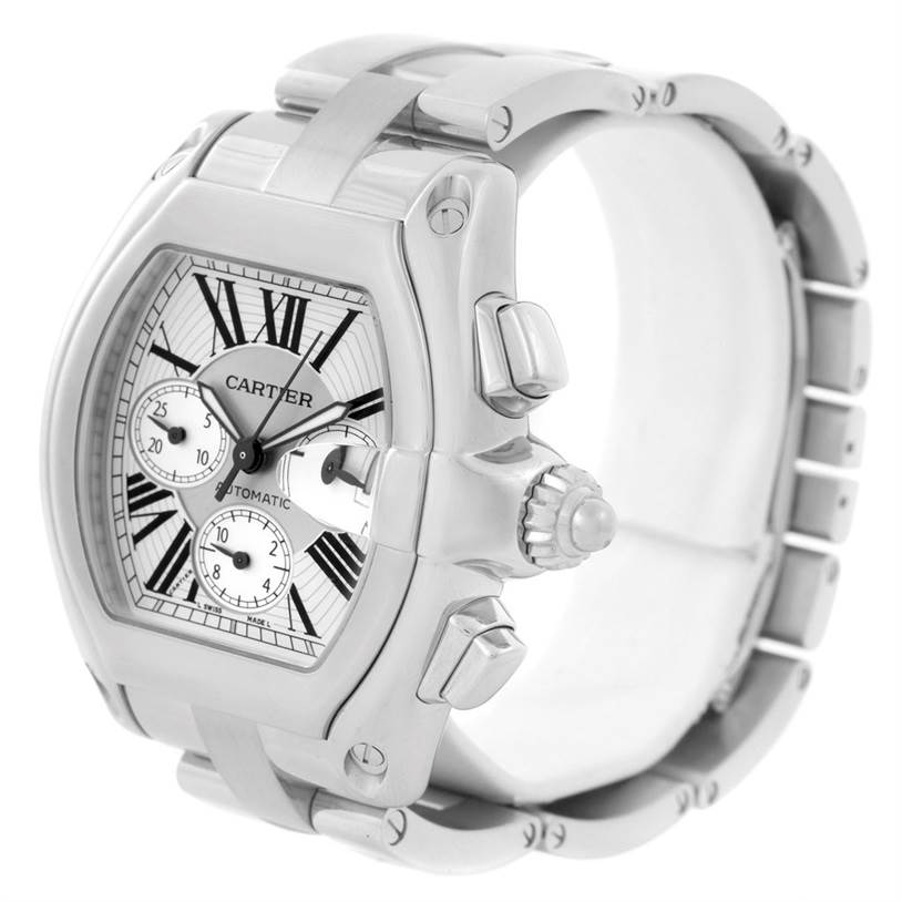 This is a Cartier Roadster W62019X6 Men's Stainless Steel Silver Dial W62019X6 Men's Stainless Steel Silver Dial watch shown from a three-quarter angle, highlighting the dial, crown, chronograph buttons, and bracelet.