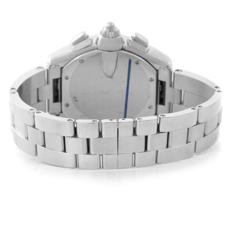 The image shows the back case and bracelet of a Cartier Roadster W62019X6 Men's Stainless Steel Silver Dial W62019X6 Men's Stainless Steel Silver Dial watch from a rear angle.