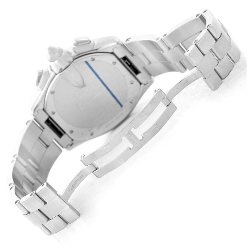The image shows the back and partially opened clasp of the Roadster watch by Cartier from a tilted angle.