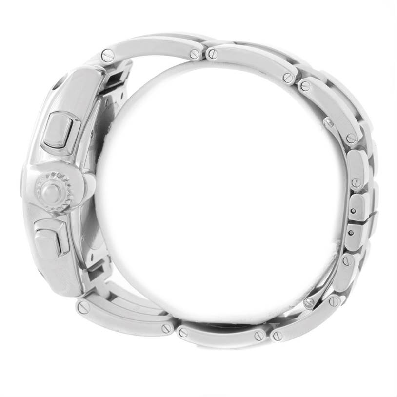 This image shows a side view of the Cartier Roadster W62019X6 Men's Stainless Steel Silver Dial W62019X6 Men's Stainless Steel Silver Dial watch, highlighting the case, crown, and bracelet details.