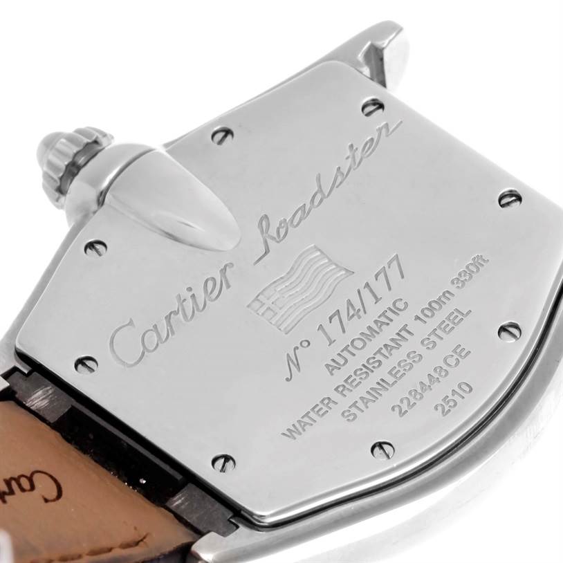 The image shows the back case of a Cartier Roadster W62025V3 Men's Stainless Steel Silver Dial W62025V3 Men's Stainless Steel Silver Dial watch, displaying model and material details.