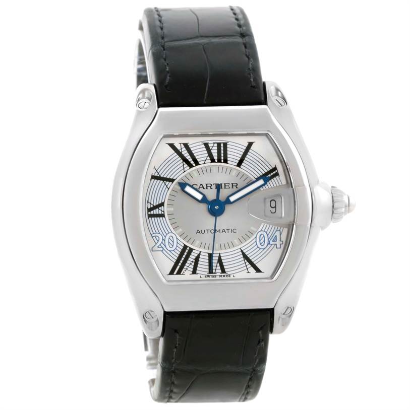 This image shows a frontal view of the Cartier Roadster W62025V3 Men's Stainless Steel Silver Dial W62025V3 Men's Stainless Steel Silver Dial watch, highlighting the dial, case, and leather strap.