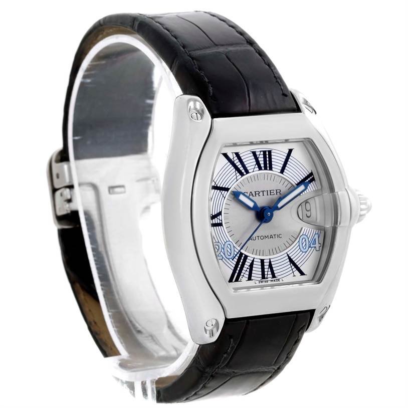 The image shows a Cartier Roadster W62025V3 Men's Stainless Steel Silver Dial W62025V3 Men's Stainless Steel Silver Dial watch at a three-quarter angle, displaying its dial, case, crown, and leather strap.
