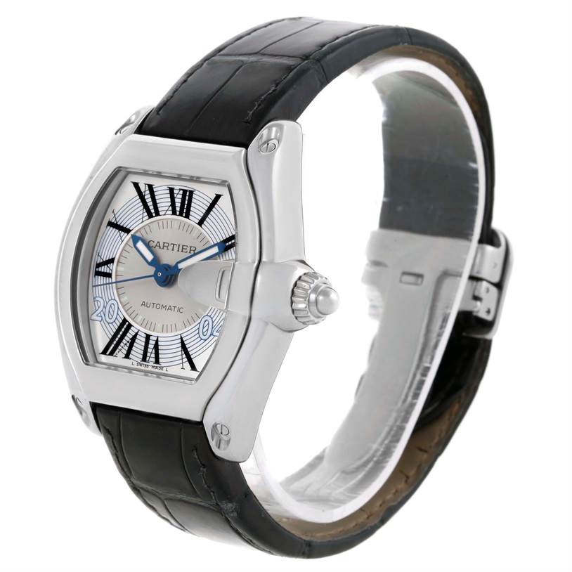 The image shows a Cartier Roadster W62025V3 Men's Stainless Steel Silver Dial W62025V3 Men's Stainless Steel Silver Dial watch from a front-side angle, highlighting its silver case, dial, and black leather strap.
