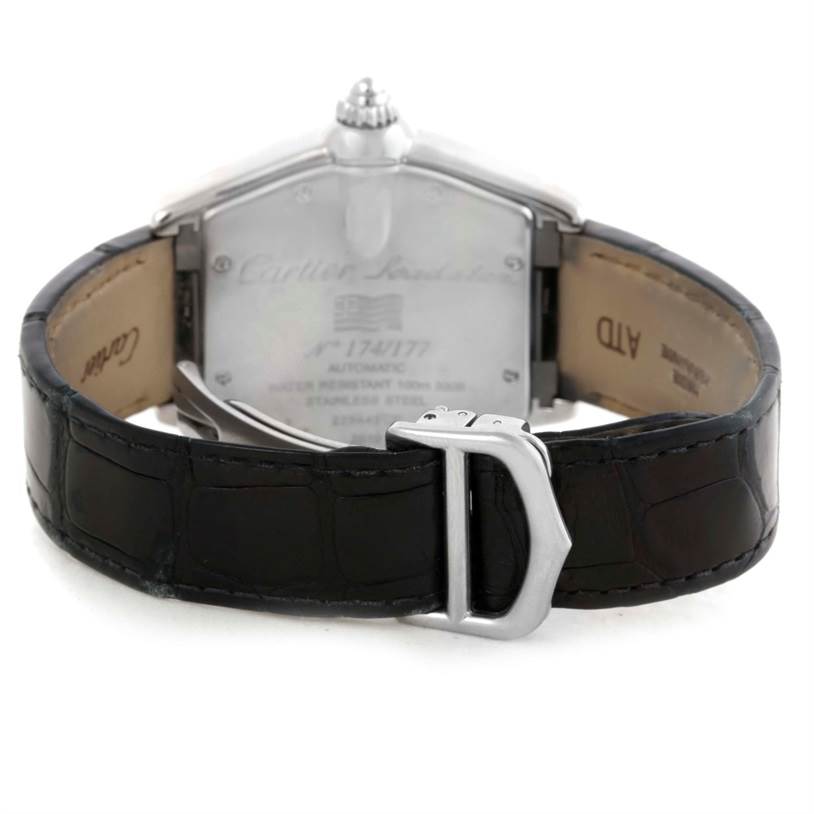 The image shows the back view of a Cartier Roadster W62025V3 Men's Stainless Steel Silver Dial W62025V3 Men's Stainless Steel Silver Dial watch, highlighting the case back and the black leather strap with a buckle.