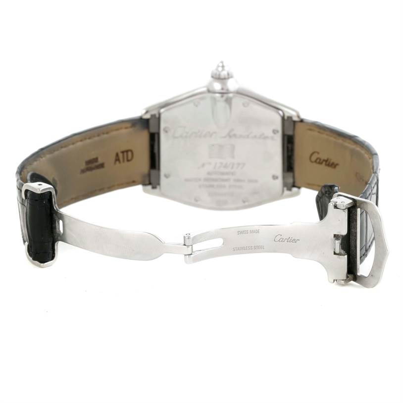 The image shows the back view and clasp of a Cartier Roadster W62025V3 Men's Stainless Steel Silver Dial W62025V3 Men's Stainless Steel Silver Dial watch, revealing the engravings and leather strap.