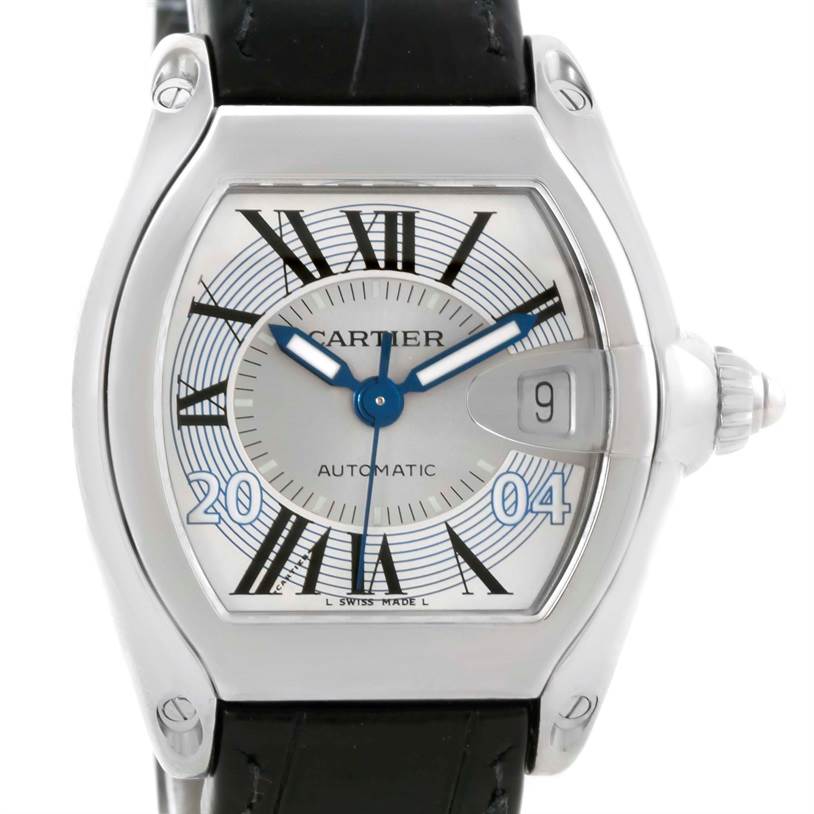 The Cartier Roadster W62025V3 Men's Stainless Steel Silver Dial W62025V3 Men's Stainless Steel Silver Dial watch is shown from a front angle, displaying the dial, case, crown, and strap.