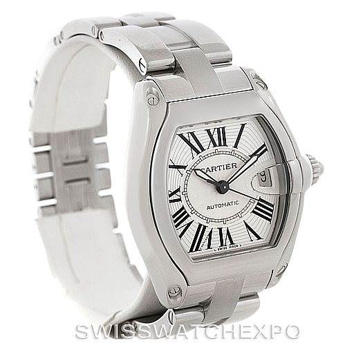 This image shows a frontal angle of a Cartier Roadster W62025V3 Men's Stainless Steel Silver Dial W62025V3 Men's Stainless Steel Silver Dial watch, highlighting its face, bezel, bracelet, and crown.