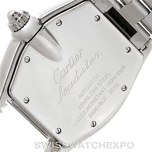The image shows the back of a Cartier Roadster W62025V3 Men's Stainless Steel Silver Dial W62025V3 Men's Stainless Steel Silver Dial watch, displaying the clasp, crown, and caseback details.
