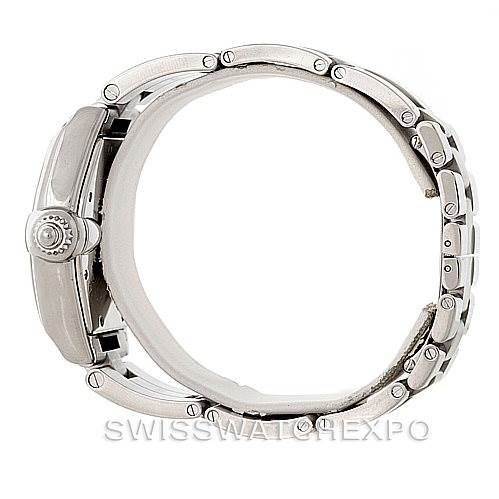 This image shows a side view of the Cartier Roadster W62025V3 Men's Stainless Steel Silver Dial W62025V3 Men's Stainless Steel Silver Dial watch, highlighting its profile, crown, and metal bracelet.