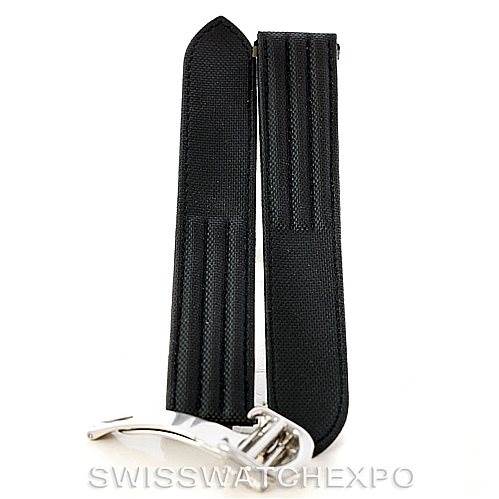 The image shows a black strap and silver clasp for a Cartier Roadster W62025V3 Men's Stainless Steel Silver Dial W62025V3 Men's Stainless Steel Silver Dial watch viewed from the front.