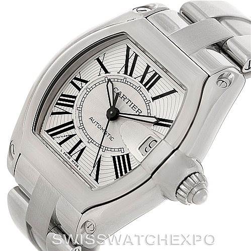 The image shows a close-up, angled view of a Cartier Roadster W62025V3 Men's Stainless Steel Silver Dial W62025V3 Men's Stainless Steel Silver Dial model watch, focusing on the face, case, and part of the bracelet.