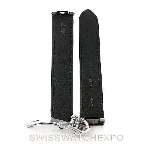 This image shows two leather straps and a metal clasp for a Cartier Roadster W62025V3 Men's Stainless Steel Silver Dial W62025V3 Men's Stainless Steel Silver Dial watch, placed in a vertical position.