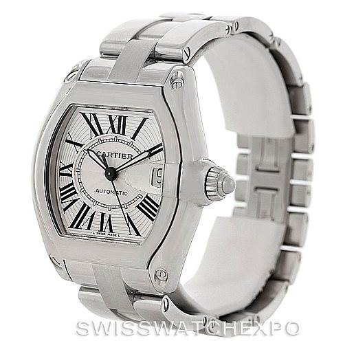 The image shows a Cartier Roadster W62025V3 Men's Stainless Steel Silver Dial W62025V3 Men's Stainless Steel Silver Dial model watch at a side-angle, highlighting its silver case, bracelet, and characteristic dial with Roman numerals.
