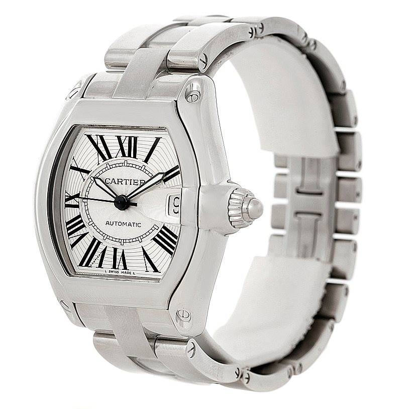 The Cartier Roadster W62025V3 Men's Stainless Steel Silver Dial W62025V3 Men's Stainless Steel Silver Dial watch is shown from an angled side view, highlighting its case, bracelet, and crown.