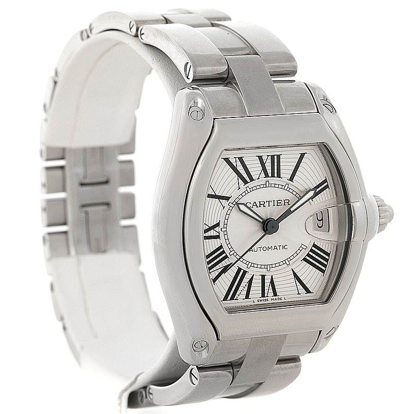 The Cartier Roadster W62025V3 Men's Stainless Steel Silver Dial W62025V3 Men's Stainless Steel Silver Dial watch is shown at an angle highlighting its face, bezel, and metal bracelet.