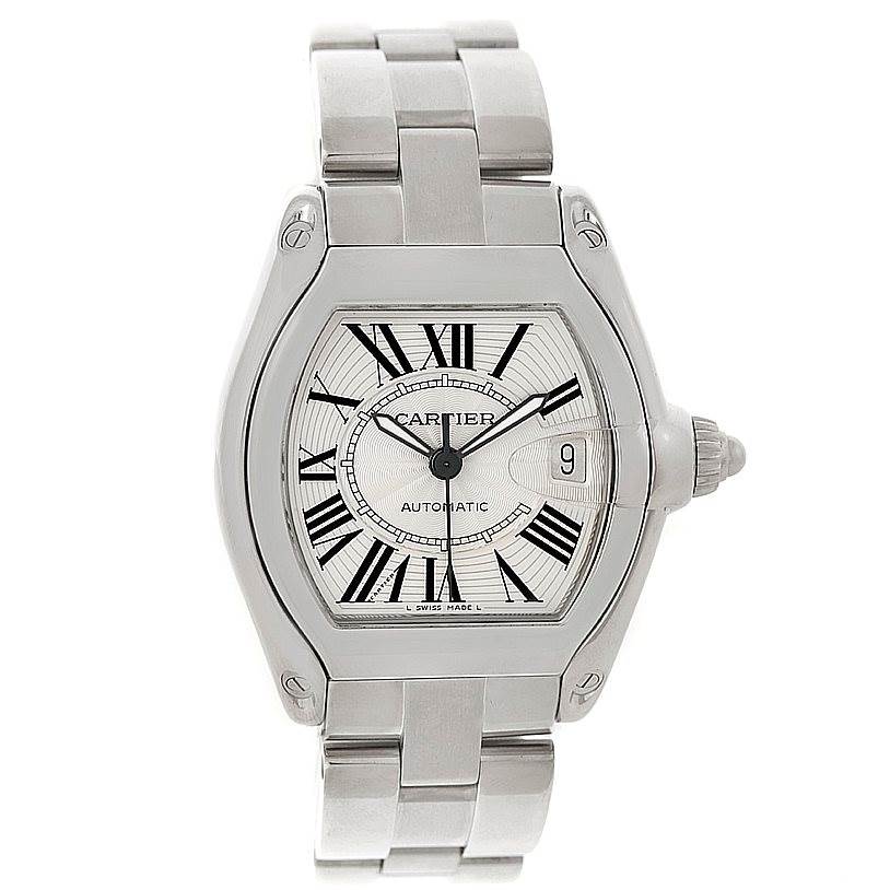 The Cartier Roadster W62025V3 Men's Stainless Steel Silver Dial W62025V3 Men's Stainless Steel Silver Dial watch is displayed from the front, showcasing its face, Roman numerals, bracelet, and crown.