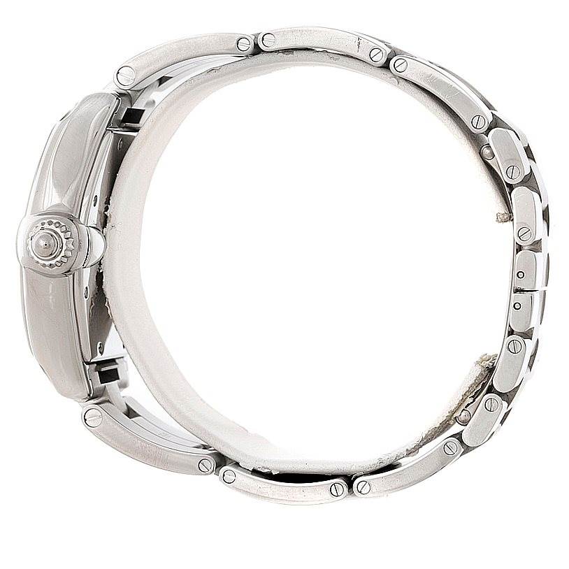 This image shows a side view of the case and bracelet of a Cartier Roadster W62025V3 Men's Stainless Steel Silver Dial W62025V3 Men's Stainless Steel Silver Dial watch.