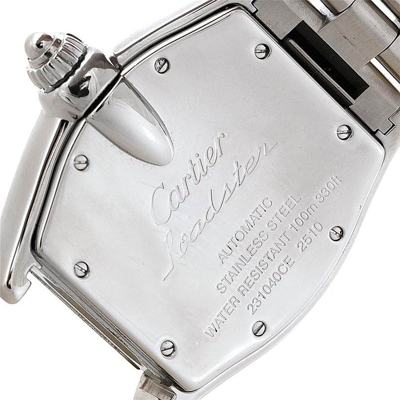 The image shows the back case of a Cartier Roadster W62025V3 Men's Stainless Steel Silver Dial W62025V3 Men's Stainless Steel Silver Dial watch, highlighting the crown, screws, and engraved details.