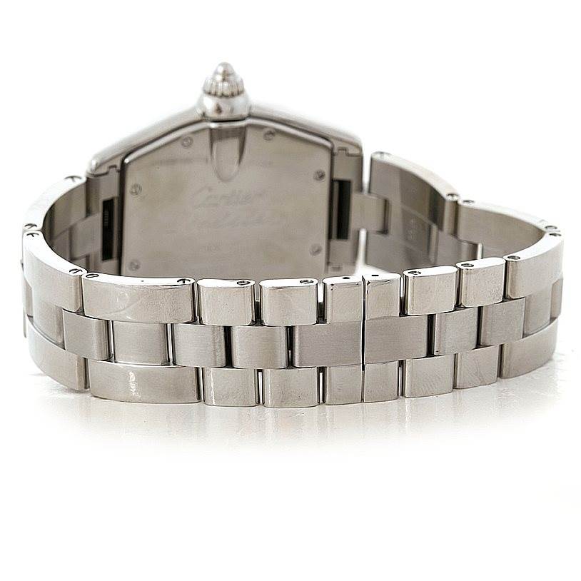 This image shows the back and stainless steel bracelet of the Cartier Roadster W62025V3 Men's Stainless Steel Silver Dial W62025V3 Men's Stainless Steel Silver Dial watch at a rear angle.
