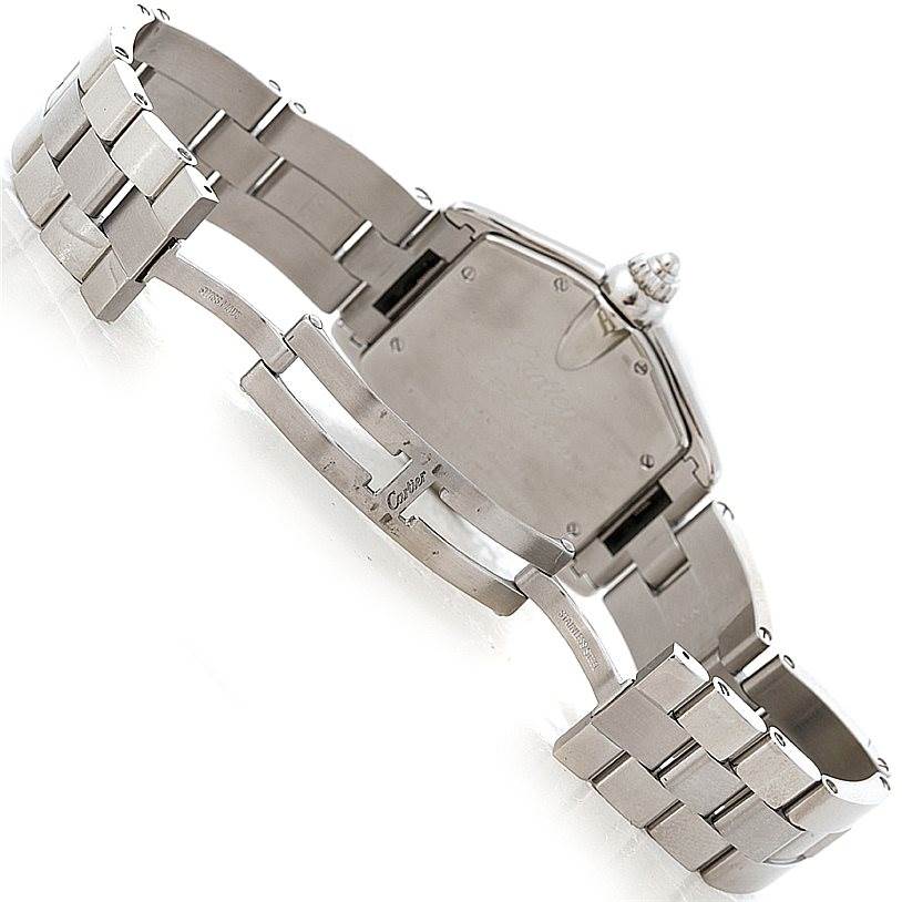 This image shows the back of the Roadster model by Cartier, including the open clasp and part of the bracelet.