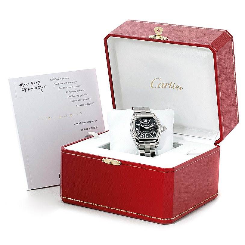 The Cartier Roadster W62041V3 Men's Stainless Steel Black Dial W62041V3 Men's Stainless Steel Black Dial watch is displayed in an open red box alongside its certification and guarantee cards.