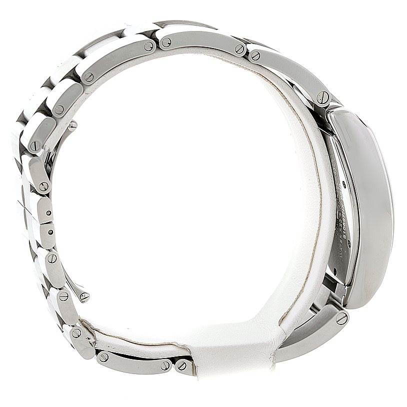 This image shows a side view of a Cartier Roadster W62041V3 Men's Stainless Steel Black Dial W62041V3 Men's Stainless Steel Black Dial watch, highlighting its metal bracelet and side case.