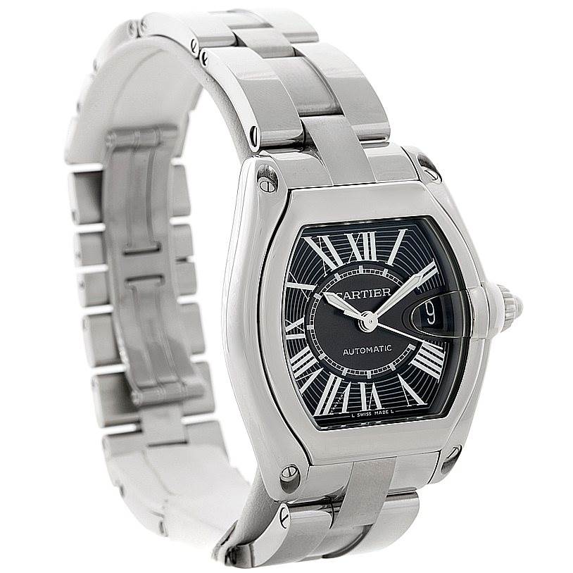 This is a Cartier Roadster W62041V3 Men's Stainless Steel Black Dial W62041V3 Men's Stainless Steel Black Dial watch viewed from an angle showing the face, bezel, and full bracelet.