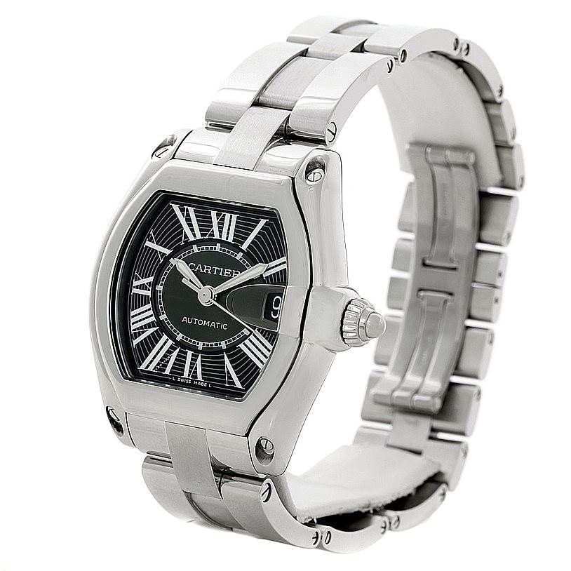 This Cartier Roadster W62041V3 Men's Stainless Steel Black Dial W62041V3 Men's Stainless Steel Black Dial watch is shown at a three-quarter angle, highlighting the face, crown, and bracelet.