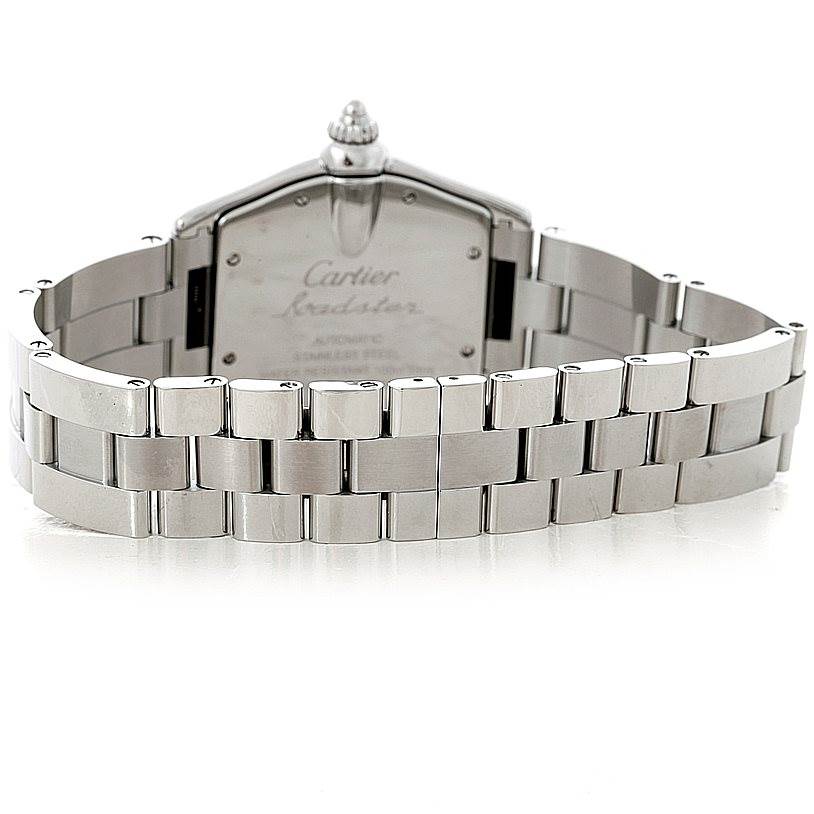 The image shows the back view of a Cartier Roadster W62041V3 Men's Stainless Steel Black Dial W62041V3 Men's Stainless Steel Black Dial watch, focusing on the case back and the stainless steel bracelet.